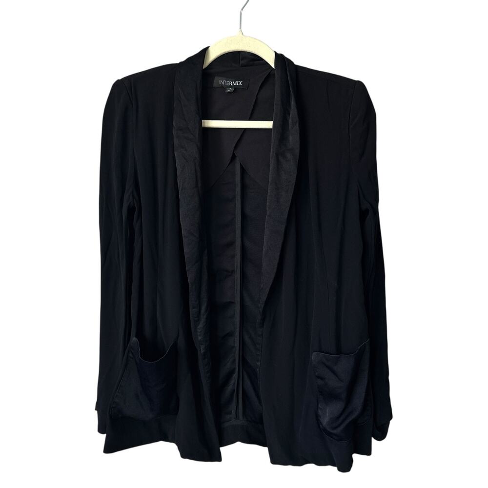 INTERMIX Sofia Satin Trim Jacket Black Crepe Blazer Size 2 Pockets